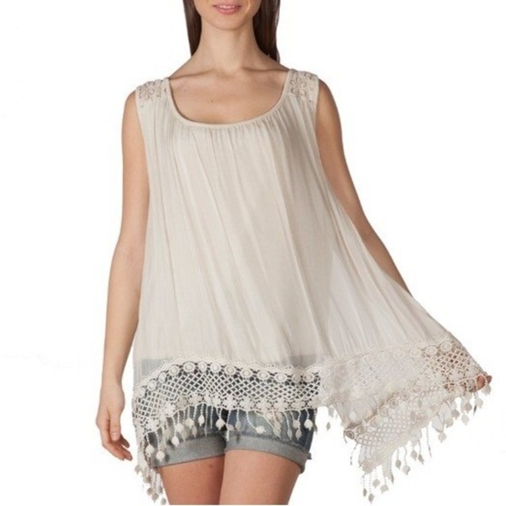 Baci Tank Top Womens S/M White Silk Blend Lace Crochet Tassel Hem Made in Italy‎